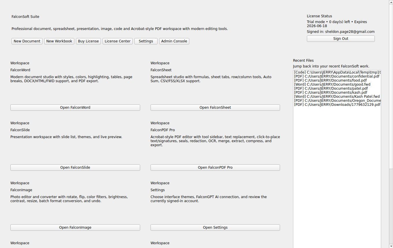 FalconSoft Suite desktop app hub